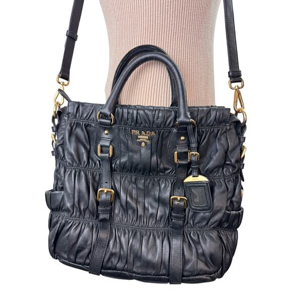PRADA Nappa Gaufre Handbag Black Gold Leather Crossbody Strap Tote Bag Large - Picture 2 of 13